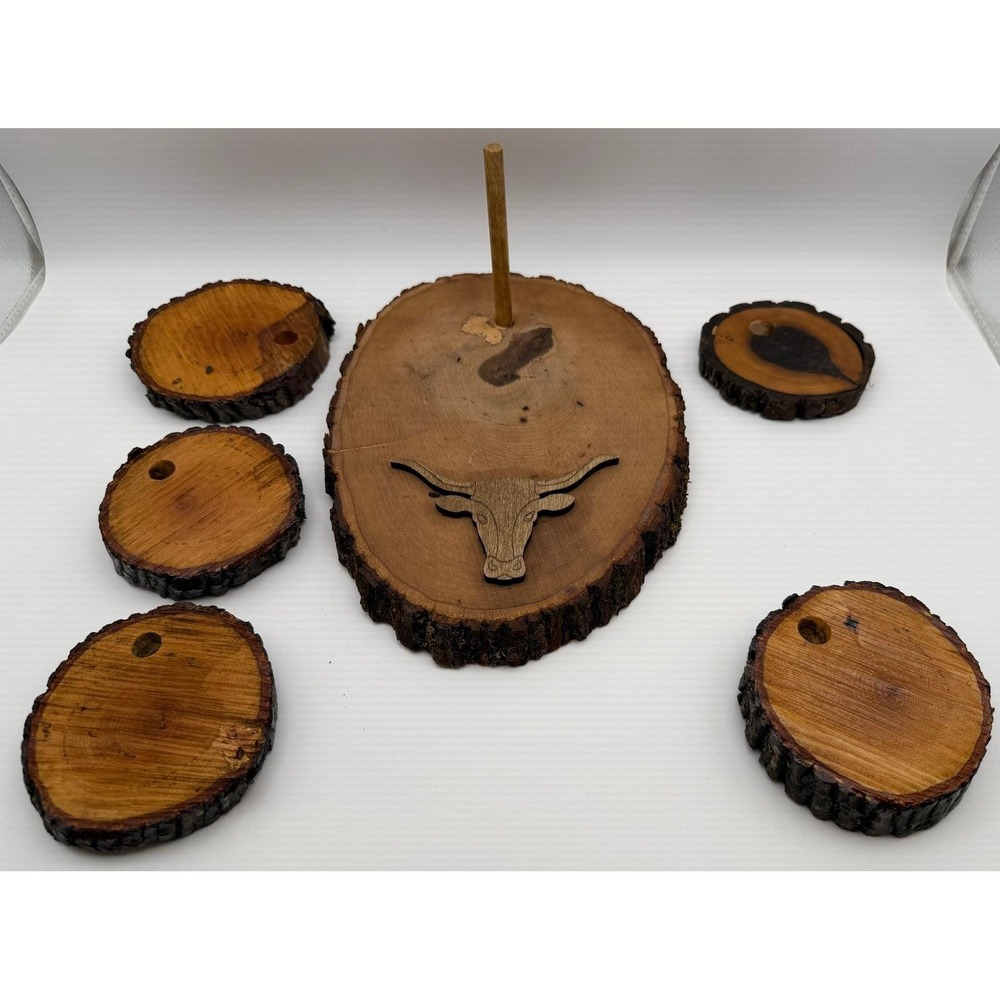 Rustic Live Edge Wood Coaster Set with Longhorn Bull Emblem and Base‎ Stand 6pc - Picture 5 of 7